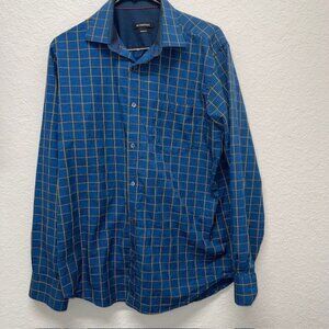 Bugatchi Shaped Fit Button Up Blue and Gold Long Sleeve Shirt Medium